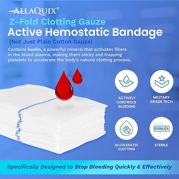 Advanced Kaolin Hemostatic Bandage – Sterile Z-Fold Clotting Gauze (3 in. x 3.3 ft) | Stops Bleeding Fast for Emergency, Trauma, First Aid, and Survival Kits (1-Pack)