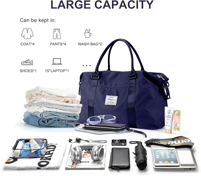 Womens travel bags, weekender carry on for women, sports Gym Bag, workout duffel bag, overnight shoulder Bag fit 15.6 inch Laptop (Large, Navy Blue)
