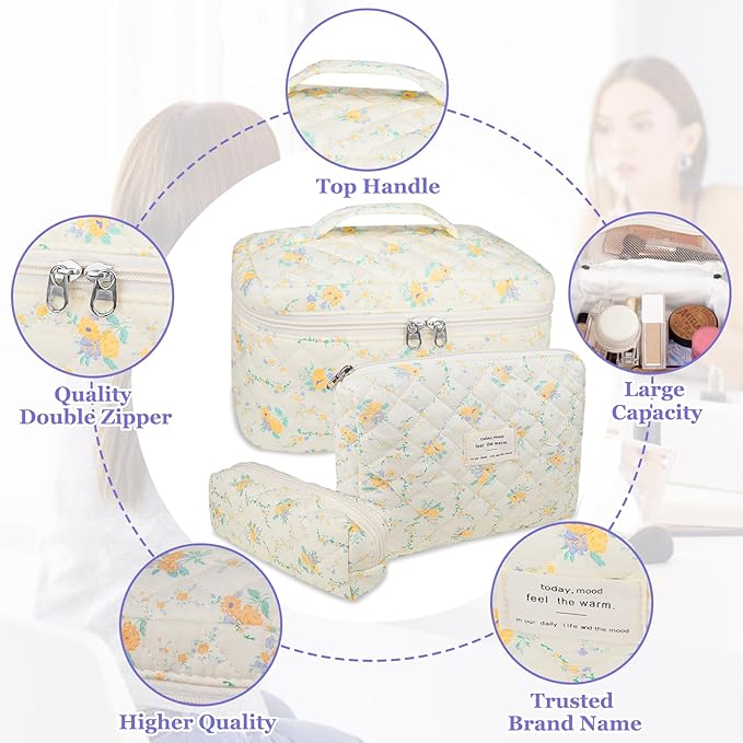 Makeup Bag Set, Quilted Makeup Bag, Large Floral Cosmetic Bag for Women, Cute Cotton Makeup Bag, Flower Travel Toiletry Organizer Bag (Yellow Daylily)