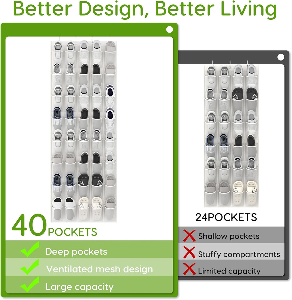 Unjumbly Over the Door Shoe Organizer with 40 Large Breathable Mesh Pockets, Space Saving Shoe Holder, Hanging Shoe Rack for Entryway Bedroom Closet Storage (White, 40 Pockets)