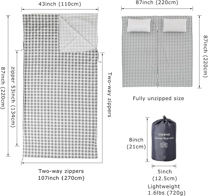 100% Cotton Sleeping Bag Liner with Full Length Zipper on 3 Sides; Single/Double Adult Sleep Sack for Travel & Camping, Multifunctional Travel Sheets (Unzipped 87”x87”) for Hotel, Lightweight