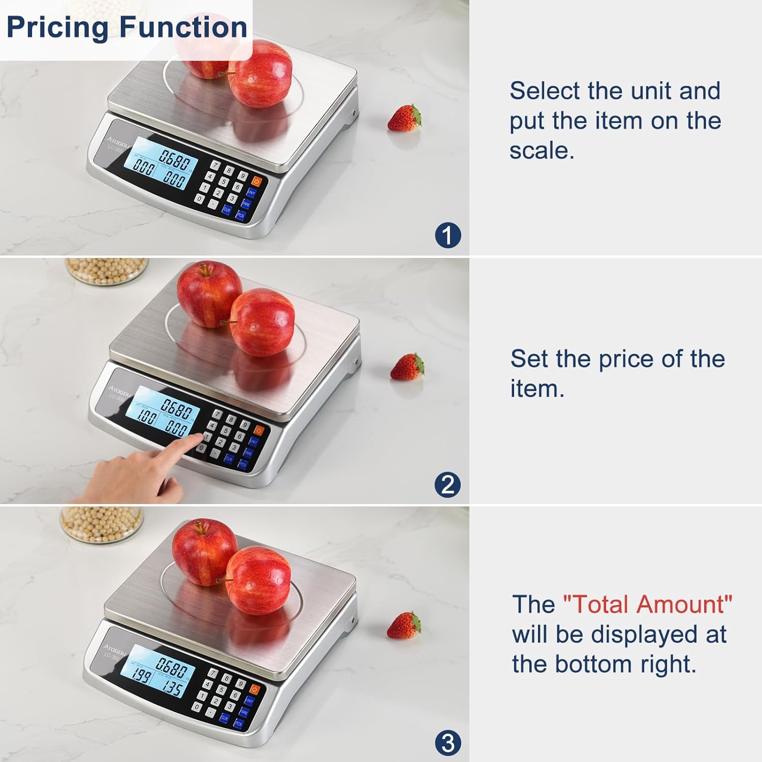 110lb Food Scale, Commercial Kitchen Scale with Price Computing, Plug-in Usable, 0.05oz/1g, 304 Stainless Steel, for Cooking, Vegetables, Farm, Industry, Counting. LC300