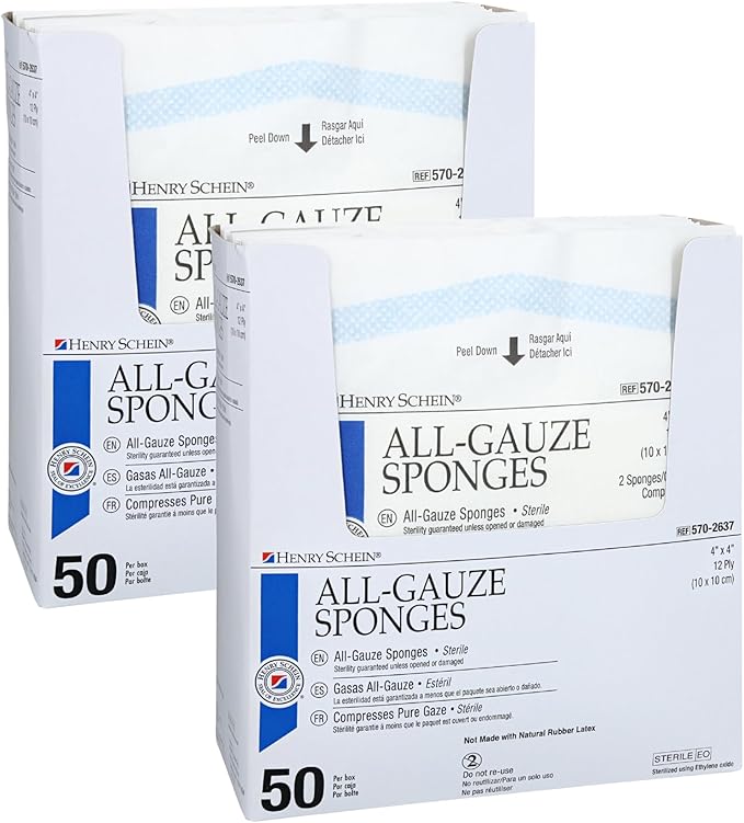 Premium 100% Cotton All-Gauze Sponge 4x4 12 Ply Sterile Square for Wound Care & Home First Aid Kits - 2 Packs (50 /Pack)