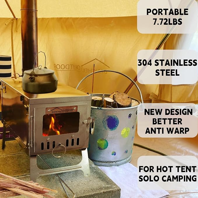 DANCHEL OUTDOOR S6/SSG Folding Camping Stove, 304 Stainless Steel Wood Burning Stove with 7.2ft Chimney, Portable Hot Tent Stove Solo Camping Survival Backpacking, Lightweight & Compact Design