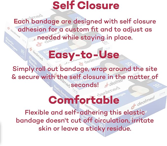 Dealmed 4" Elastic Bandage Wrap with Self-Closure – 10 Elastic Bandages, 5 Yards Stretched Compression Bandage Wrap, Wound Care Product for First Aid Kit and Medical Facilities