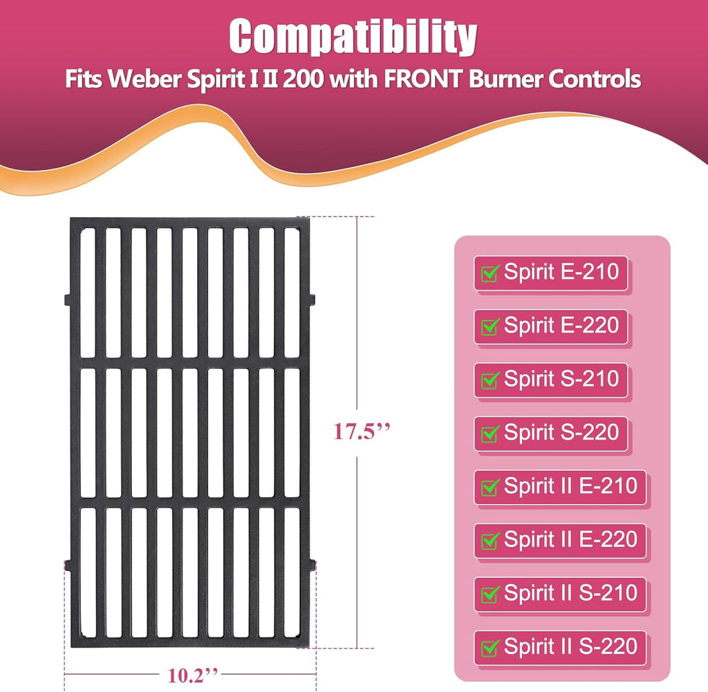 17.5 Inches Cast Iron Grill Grates Replacement 7637 for Weber Spirit I II 200 Series, Spirit E210 E220 S210 S220 Gas Grills (with Front Control Knobs), Grill Grates Parts for Weber Spirit 200