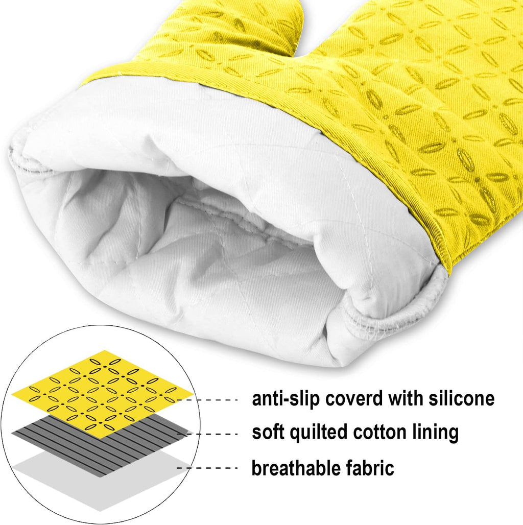 KEGOUU Oven Mitts and Pot Holders 6pcs Set, Kitchen Oven Glove High Heat Resistant 500 Degree Extra Long Oven Mitts and Potholder with Non-Slip Silicone Surface for Cooking (Yellow)