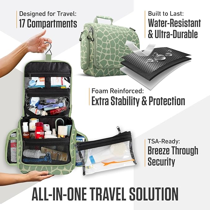 VENTURE 4TH Hanging Travel Toiletry Bag for Women & Men - Travel Organizer with Expandable Compartments & Removable Clear Pouch for Toiletries (Olive Giraffe)