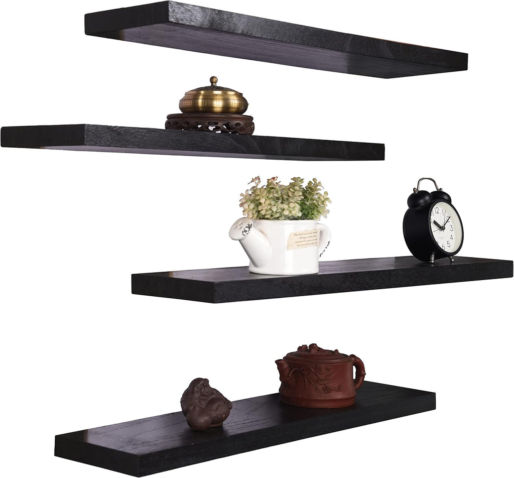 Wood Floating Shelves for Wall, Wooden Wall Shelves for Bedroom, Wall Mounted Shelves for Living Room, Set of 4 Black 24 Inch