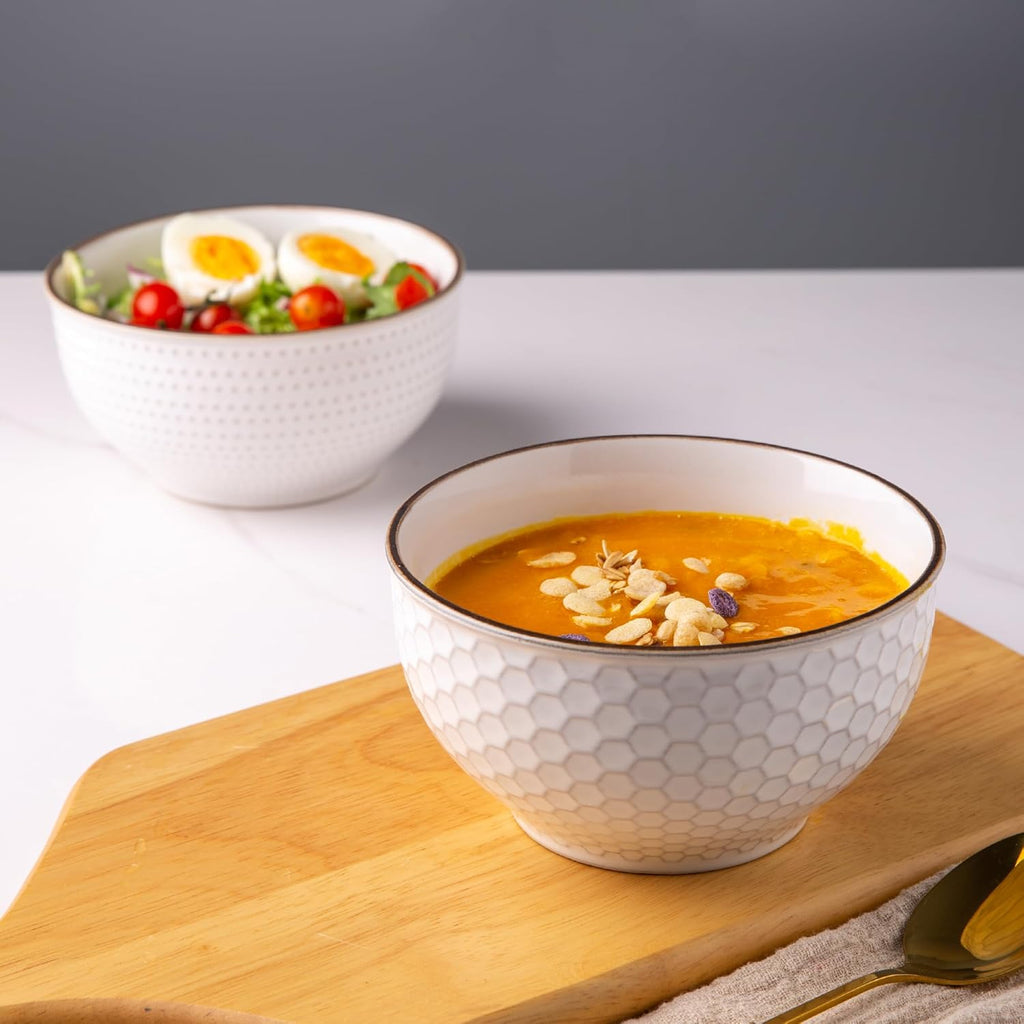GBHOME Stoneware Cereal Bowls Set of 4, 24 oz Ceramic Soup Bowls with Texture Patterns for Soup,Oatmeal, Snacks, Perfect Bowls for Wedding, House-warming Gift-Off White