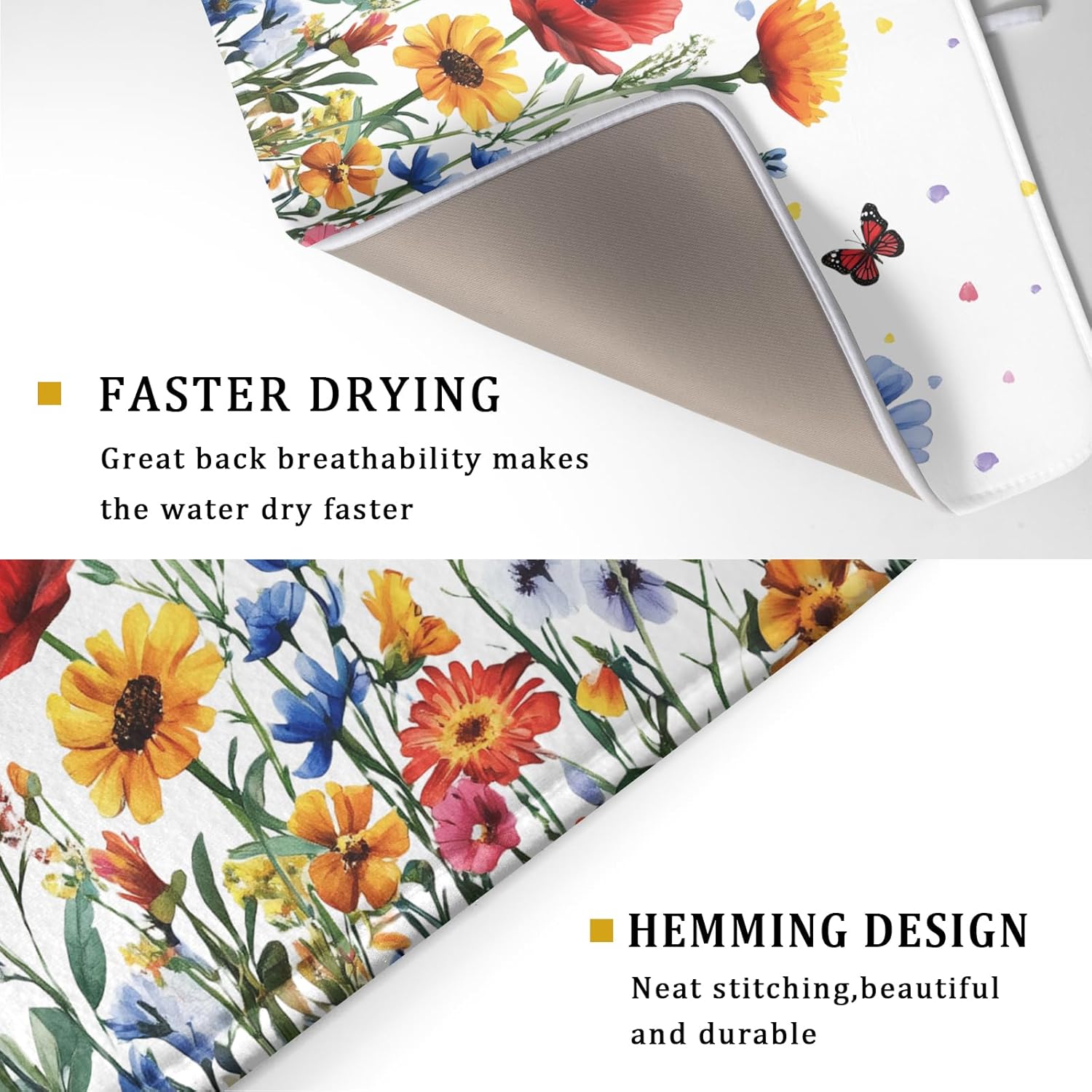 Watercolor Flower Dish Drying Mat 18x24 Inch Floral Butterfly Dish Drainer Protector Pad Washable Reversible Kitchen Counter Dish Dry Pad
