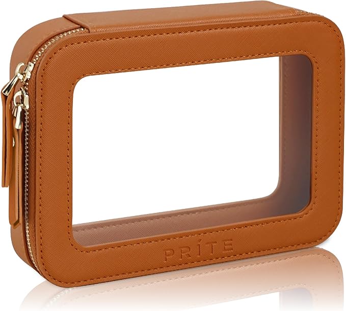 Prite Clear Makeup Bag Cosmetic Organizer Case Waterproof Travel Toiletry Bag Skincare Pouch with Golden Zipper(Brown)