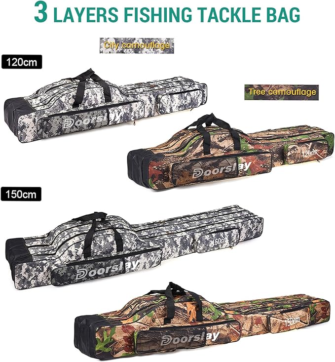 doorlay Fishing Bag Portable Folding Fishing Tackle Storage Bags Oxford Fishing Rod Case Fishing Pole Bag Carry Organizer Outdoor Waterproof for Fishing Camping Hiking Traveling