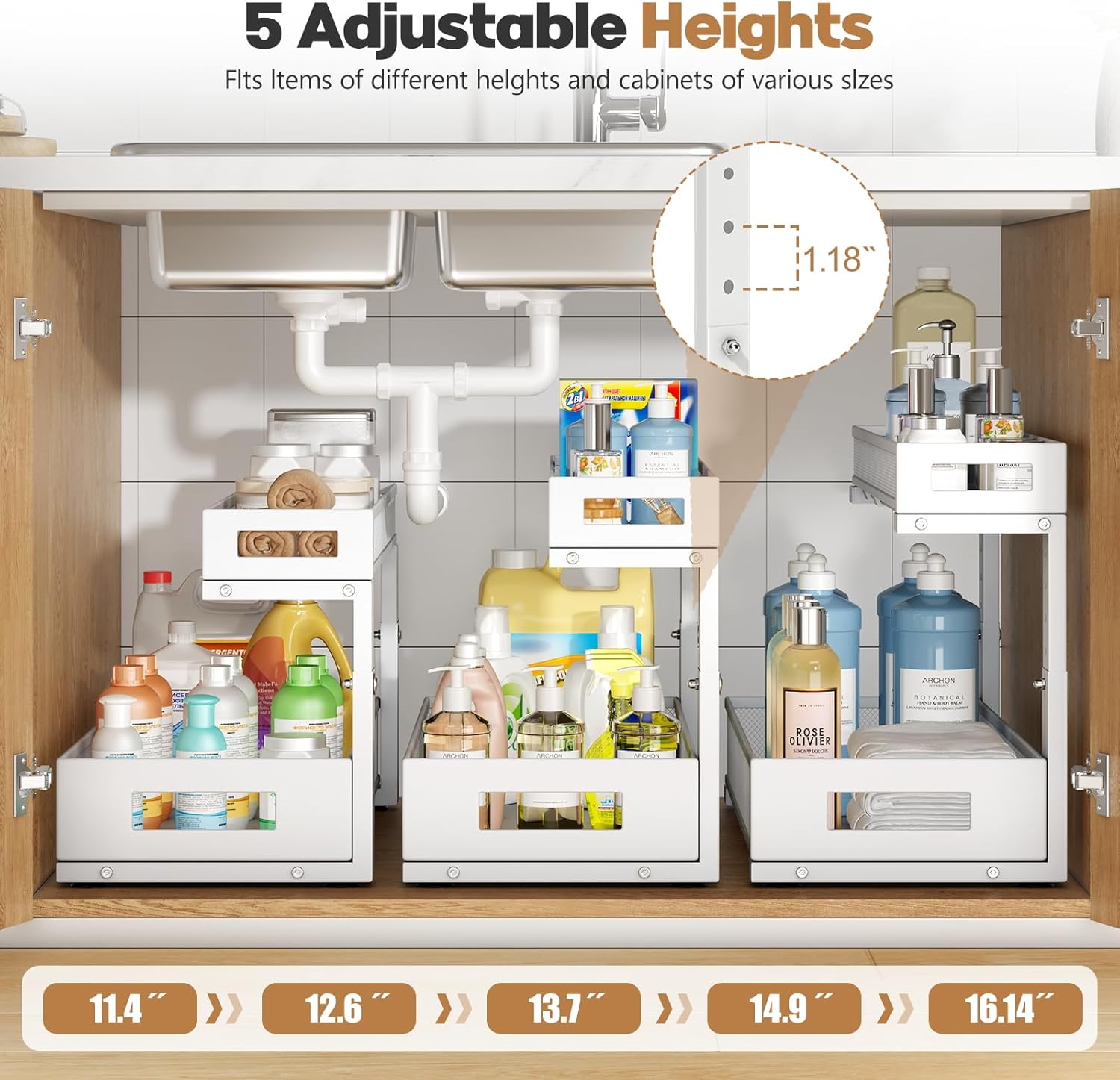 2 Pack 19IN Depth Under Sink Storage Organizer, Large 2-Tier Elegant Mesh Pull Out Shelf for Kitchen and Bathroom Cabinet Organization, L-Shaped and Adjustable Height Design-White