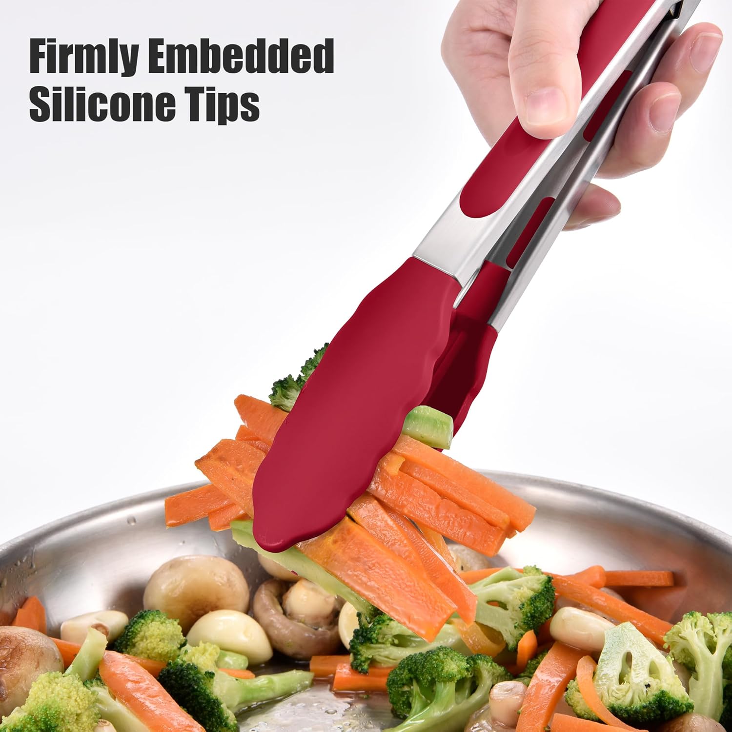 Doosu Kitchen Tongs for Cooking - 600°F Heat Resistant Food Tong with Non-Scratch Silicone Tips, Heavy Duty Stainless Steel Locking Tong for BBQ, Grilling Steak, Serving Salad, Pasta (9in, Red)