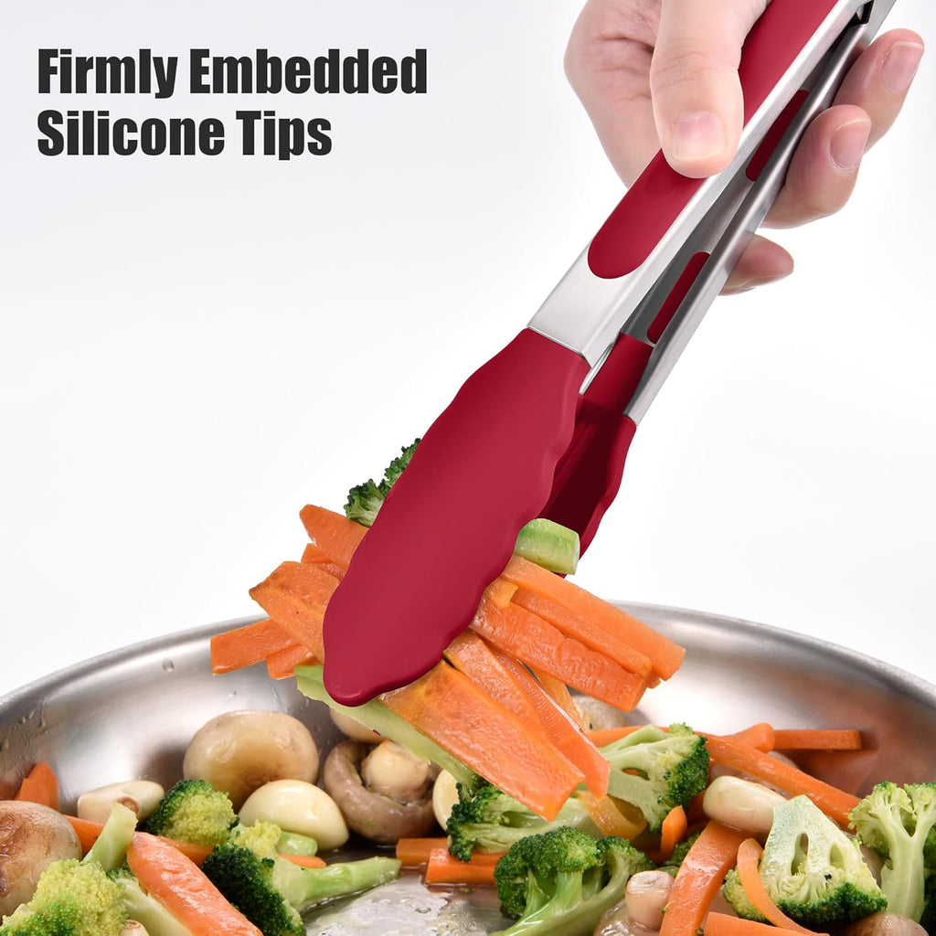 Doosu Kitchen Tongs for Cooking - 600°F Heat Resistant Food Tong Set with Non-Scratch Silicone Tips, Heavy Duty Stainless Steel Locking Tong for BBQ, Grilling Steak, Serving Salad (7+9+12in, Red)
