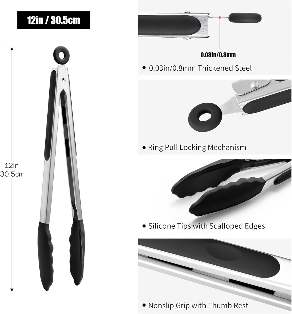 Doosu Kitchen Tongs for Cooking - 600°F Heat Resistant Food Tong with Non-Scratch Silicone Tips, Heavy Duty Stainless Steel Locking Tong for BBQ, Grilling Steak, Serving Salad, Pasta (12in, Black)