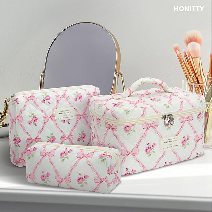Makeup Bag,Quilted Cosmetic Bag,Large Floral Make Up Bag for Women,Cotton Makeup Bag Set,Flower Travel Toiletry Bag