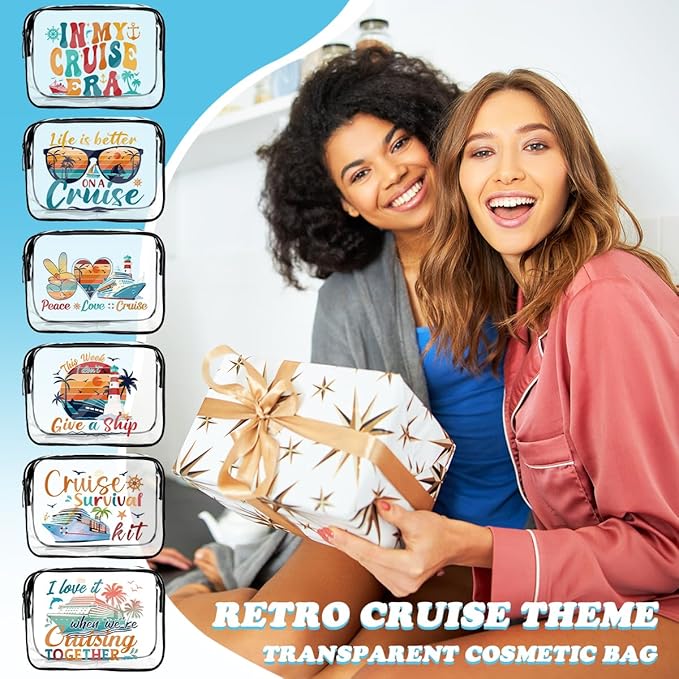 6 Pcs Clear Cruise Makeup Bags Gifts, Cruise Essentials Beach Cosmetic Bag for Women, Cruise Ship Survival Kits, Travel PVC Waterproof Toiletry Bags for Girls Sister Daughter Nurse Teacher