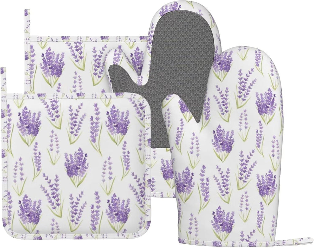 Lavender Spring Flowers Oven Mitts Pot Holders Set Silicone Lavenders Kitchen Oven Mitts Heat Resistant Potholders Non-Slip 4pcs Hot Pads and Oven Gloves Sets for Cooking