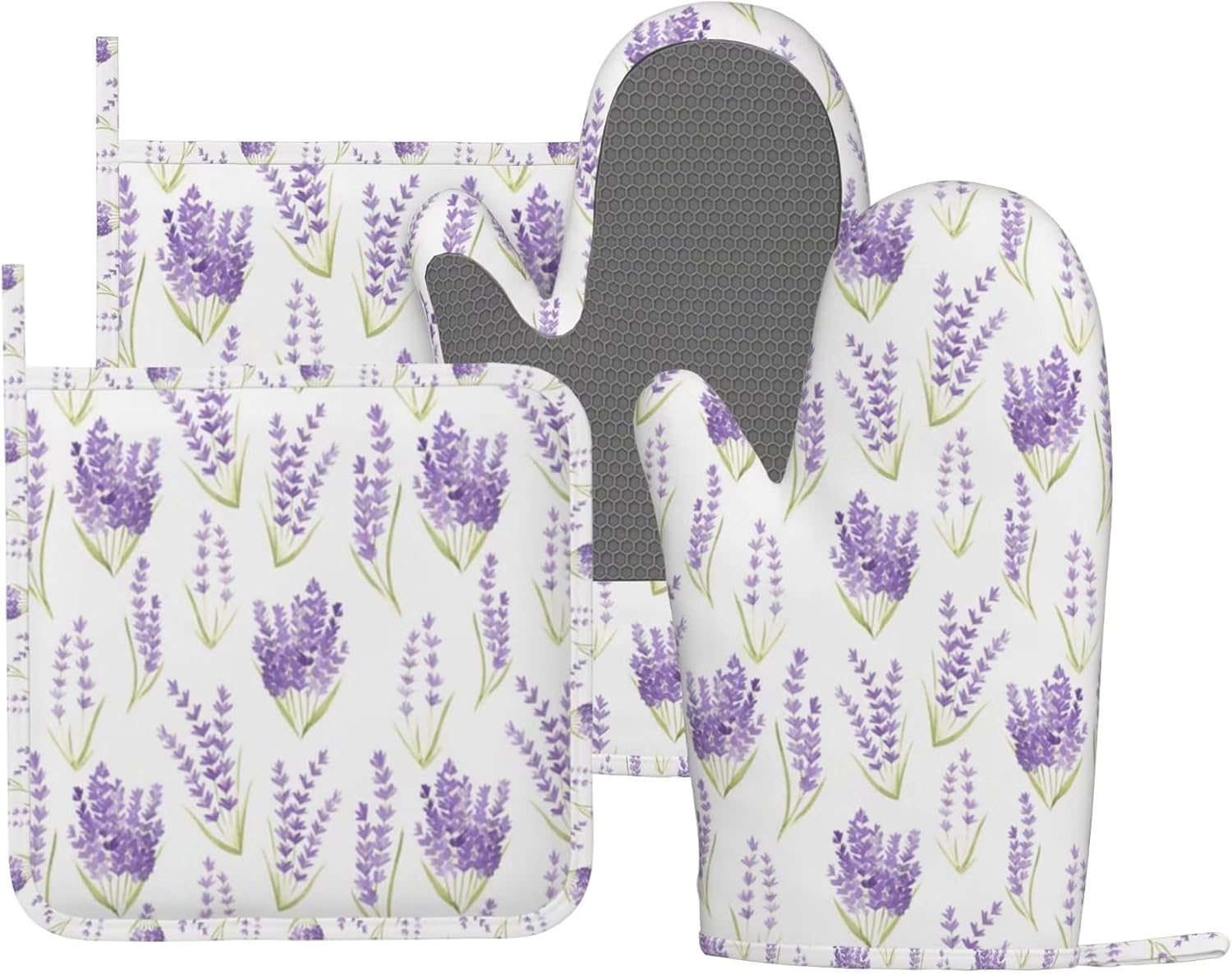 Lavender Spring Flowers Oven Mitts Pot Holders Set Silicone Lavenders Kitchen Oven Mitts Heat Resistant Potholders Non-Slip 4pcs Hot Pads and Oven Gloves Sets for Cooking