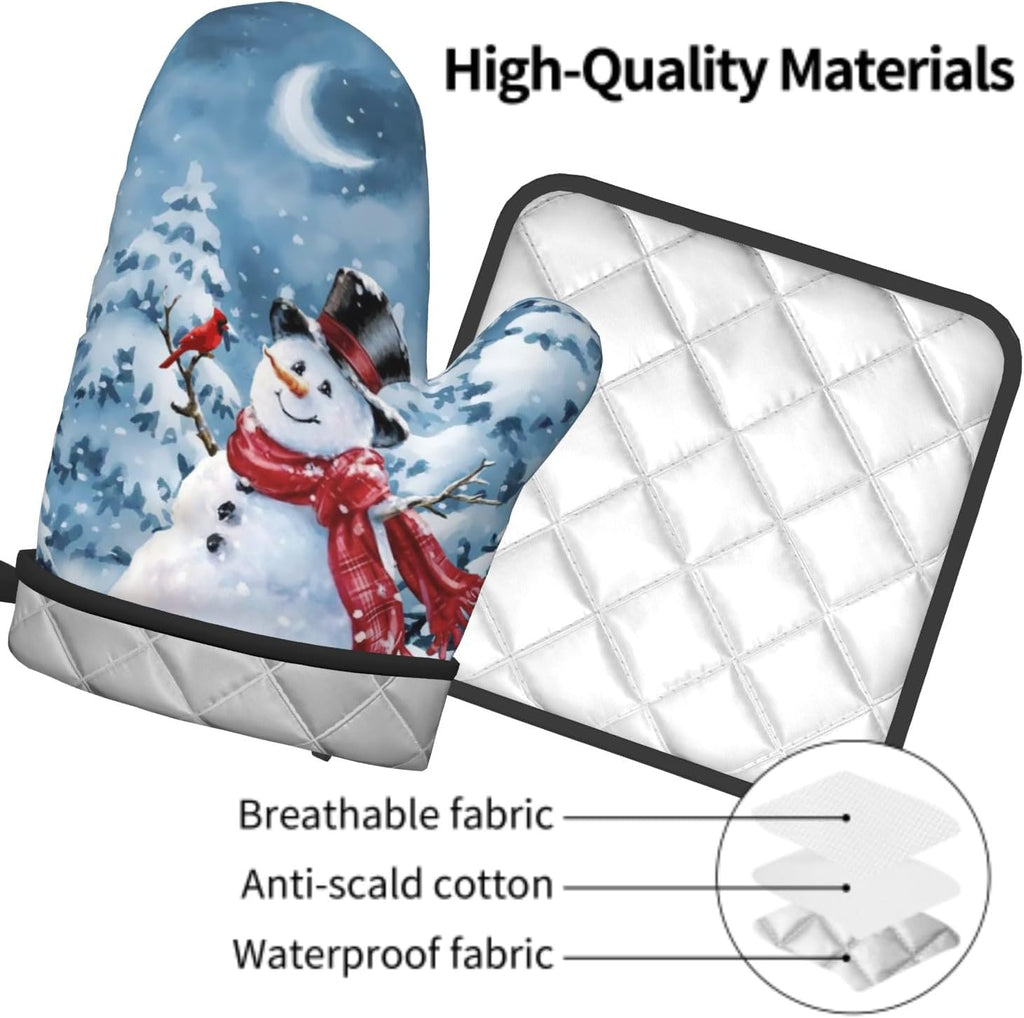 Blue Snowman Oven Mitts and Pot Holder Set of 2 Winter Snow Kitchen Gloves Potholders Heat Resistant for Chef Baking Cooking Grilling BBQ