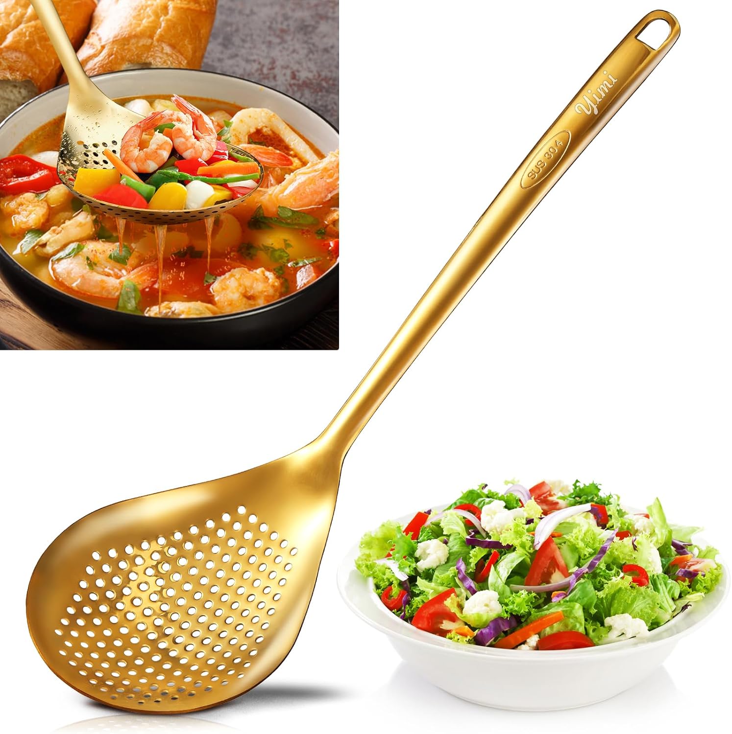Large Gold Serving Slotted Spoon, 304 Stainless Steel Set, Stainless Steel Soup Ladle Spoon, Metal Gravy Ladle, Solid Slotted Spoon for Mixing, Serving, Stirring, Salad, Soup, 14 Inch