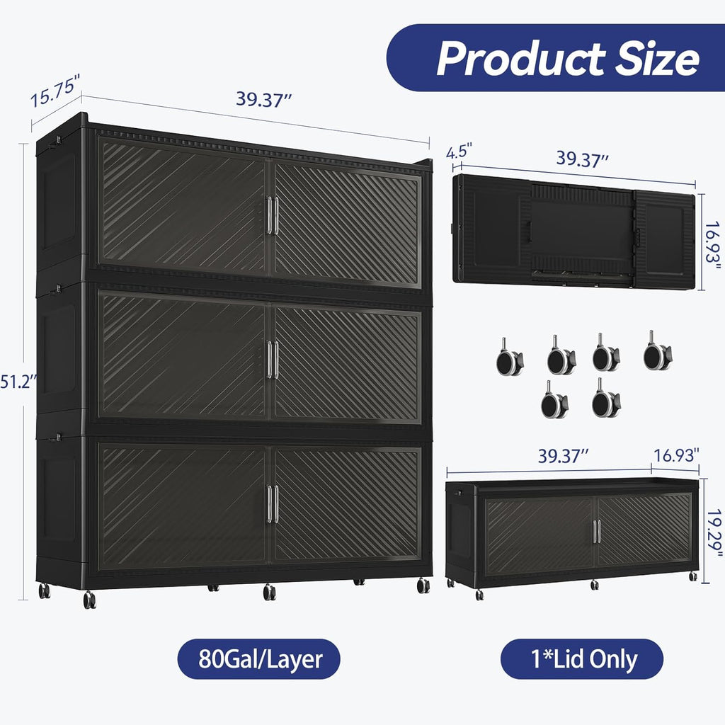 240GAL Extra Large Stackable Storage Bins with Lid, 960QT Plastic Storage Bins with 6x Wheels, Collapsible Closet Organizer and Storage Drawer Cabinet for Living Room Office Dorm, 3Pack Black