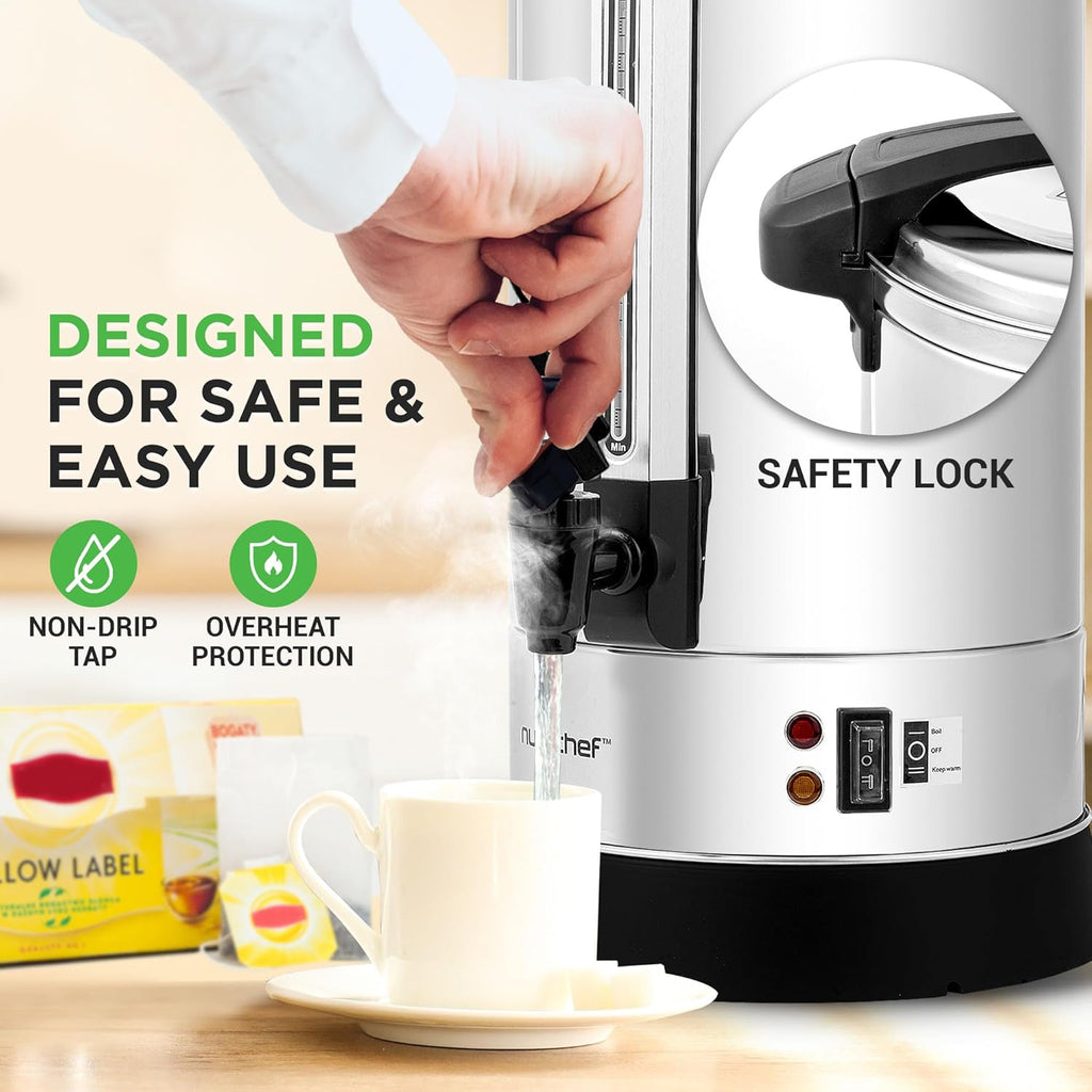 NutriChef Water Boiler and Hot Water Dispenser, 8L Electric Beverage Dispenser with Safety Lock Lid, Non-Drip Tap, Warm Function, Food Grade Stainless Steel, Home & Commercial Use, 19"x9"x9", Silver