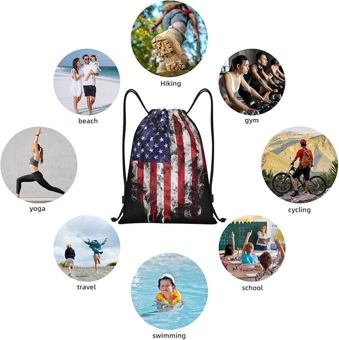 American Flag Drawstring Bag, Patriotic Usa Flag Drawstring Backpack for Women Men, Light Sackpack String Cinch Bag for Sport Gym Beach Shopping Yoga