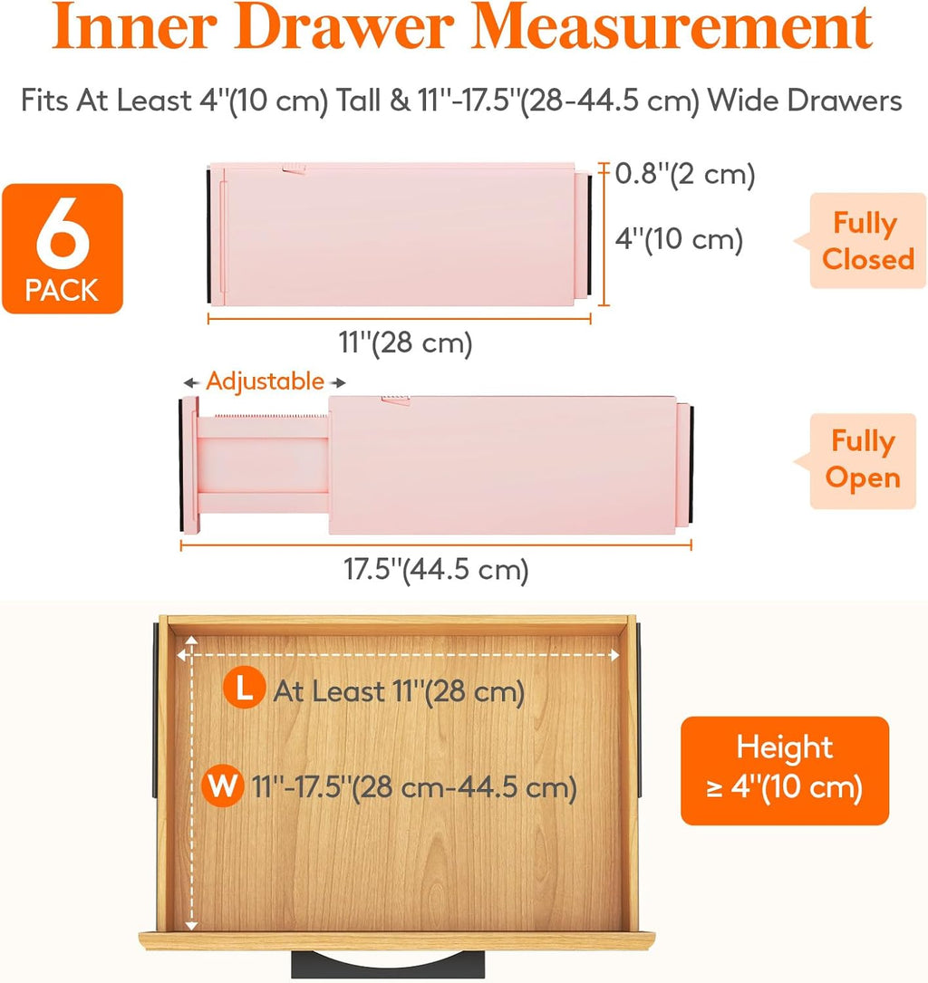 Lifewit 6 Pack Drawer Dividers 4" High, 11-17" Adjustable Drawer Organizers for Clothes, Expandable Dresser Separators in Bedroom/Bathroom/Kitchen/Fridge/Office Organization and Storage, Pink