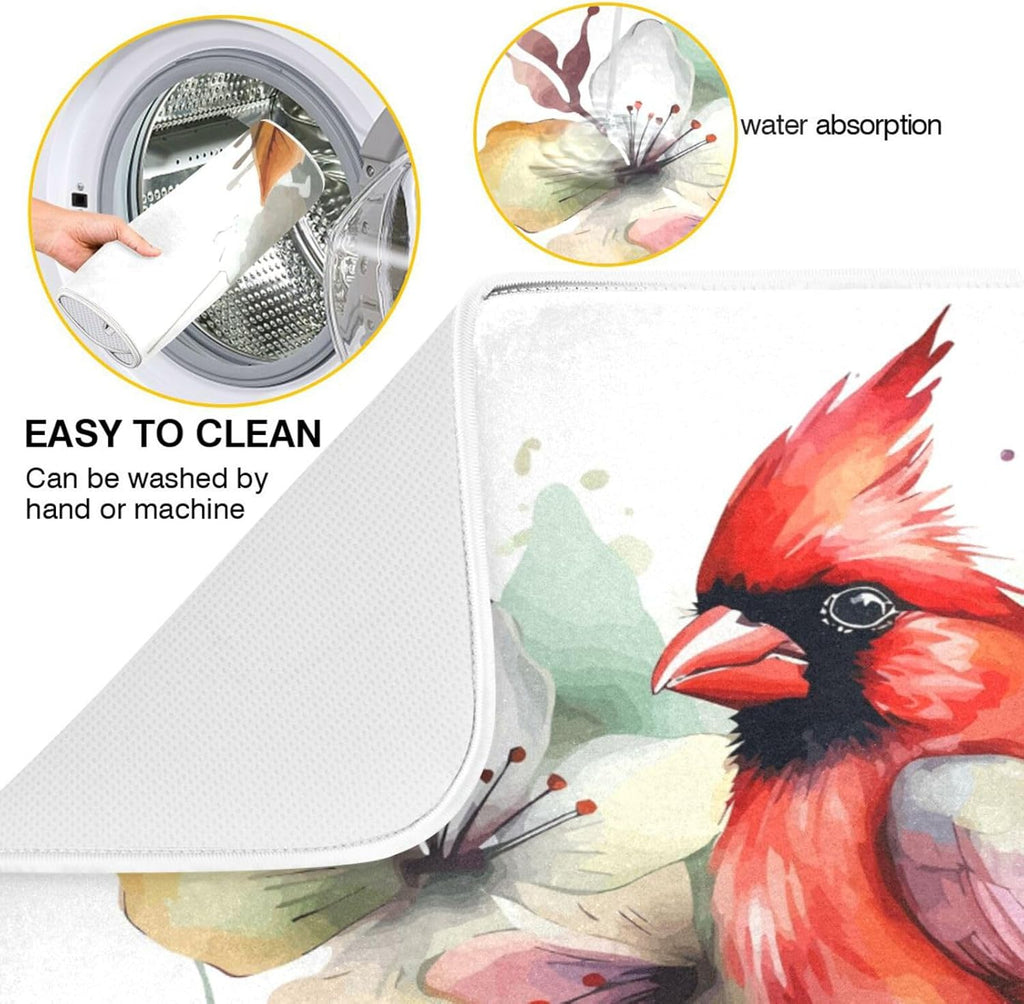 Cute Cardinal Christmas Dish Drying Mat for Kitchen Counter Absorbent Microfiber Drying Pad, Medium 16x18 in, Reversible Drainer Mats