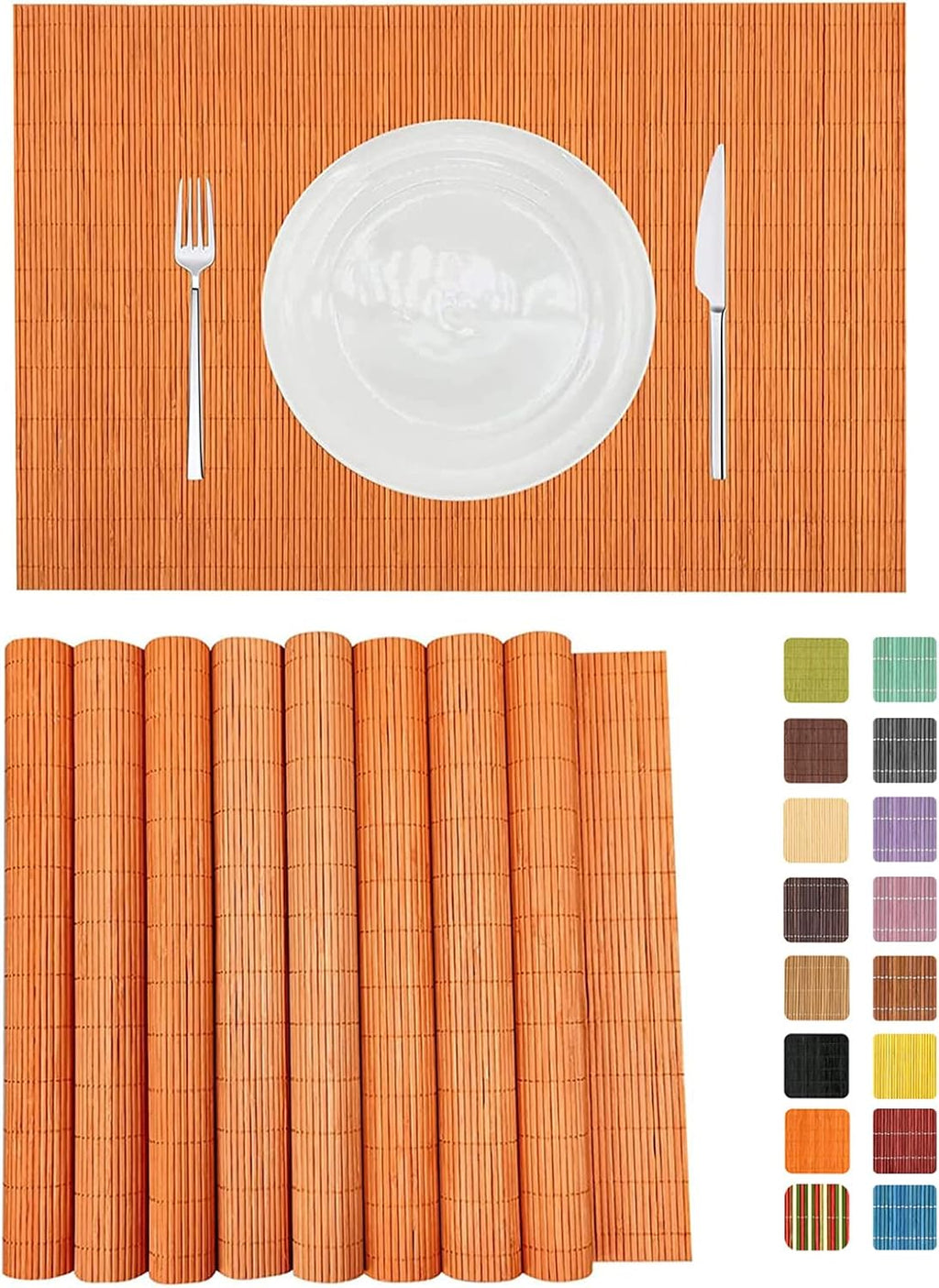 ANDSTAR Non-Slip Waterproof Placemats Set of 6 - Reusable Wipeable Table Mats for Dining Table, Kitchen, Outdoor Picnic, 12x18 Inch PVC Backed Heat Resistant Place Mats Dishwasher Safe（Orange）