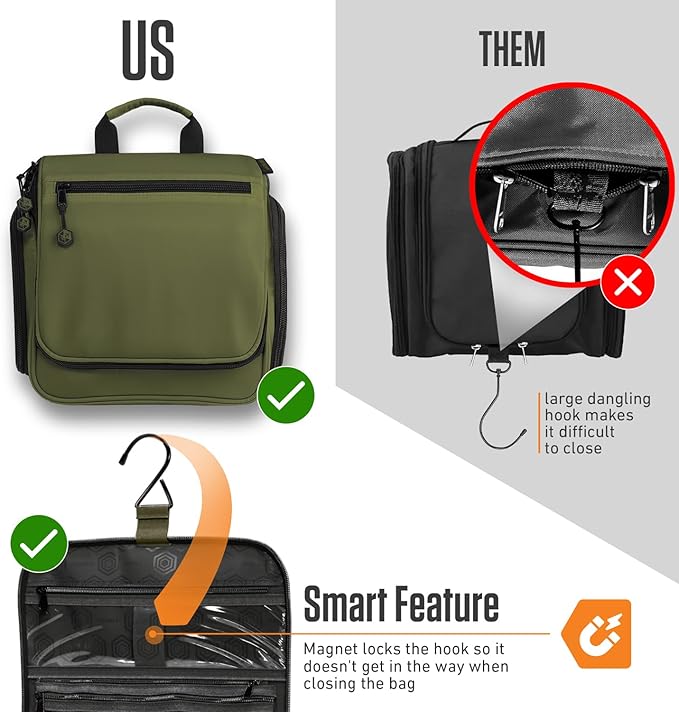 VENTURE 4TH Hanging Travel Toiletry Bag for Women & Men - Travel Organizer with Expandable Compartments & Removable Clear Pouch for Toiletries (Dark Green)