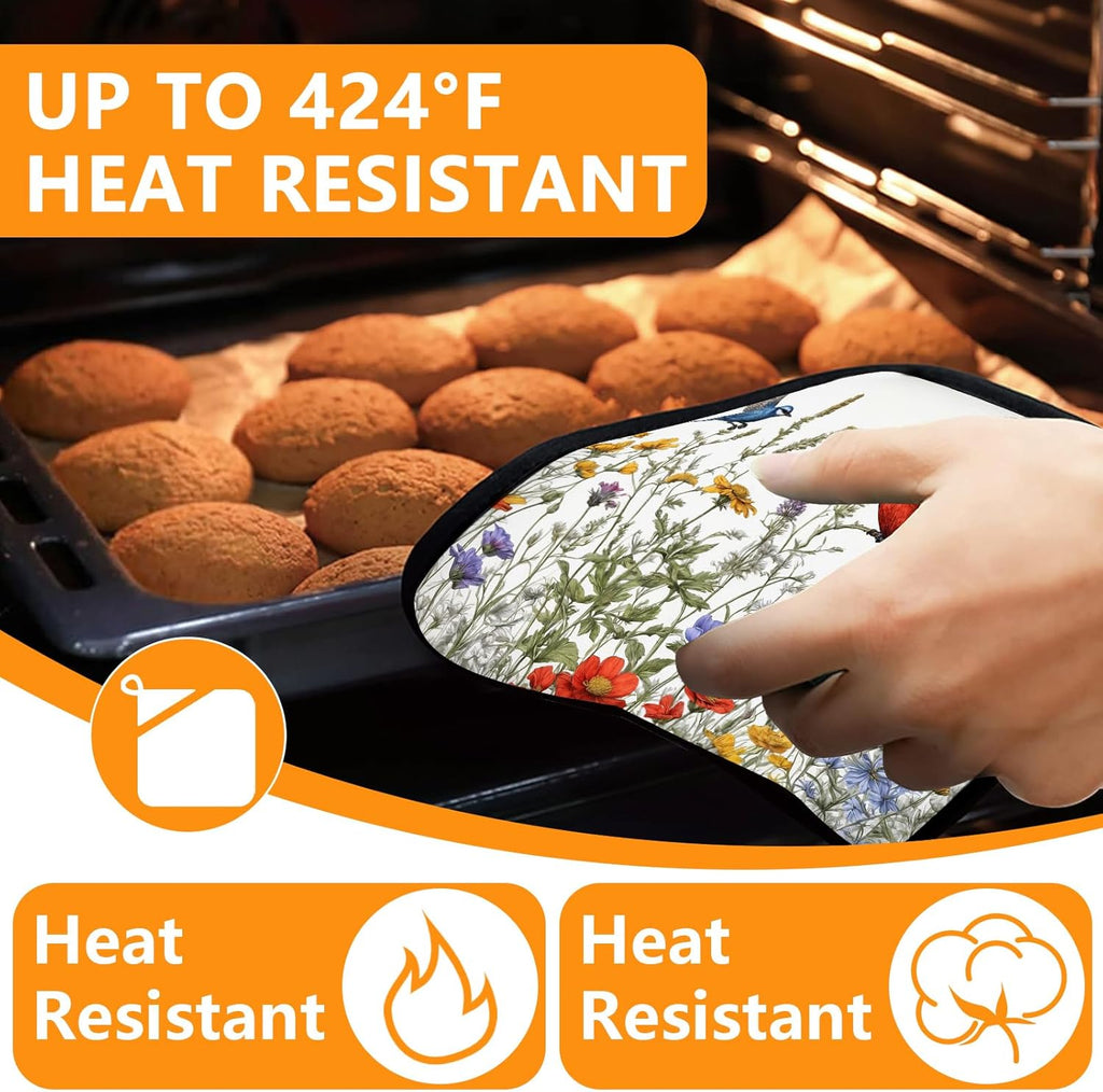 Wildflowers Birds Oven Mitts and Pot Holders Sets 4Pcs,Extra Long Oven Gloves Potholder for Kitchen Cooking Baking BBQ 100% Cotton Heat Resistant