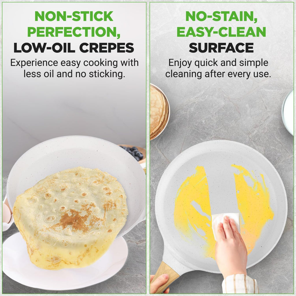NutriChef 11” Non-Stick Crepe Pan with Wooden Spreader, Durable Marble Coated Dosa Pan, Bakelite And Wood Handle With Induction Bottom, Easy-to-Clean, Stain-Resistant (White Cream Marble)