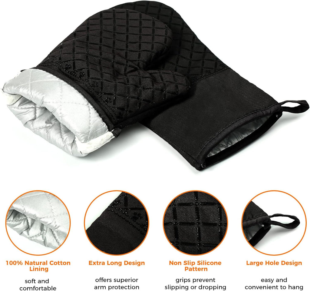 4PCS Oven Mitts and Pot Holders Sets 500°F Pot Holders for Kitchen Heat Resistant Oven Gloves Anti-Slip Silicone Stripe Oven Mitts Heat Resistant Hot Pads Oven Mits Potholders for Kitchens (Black)