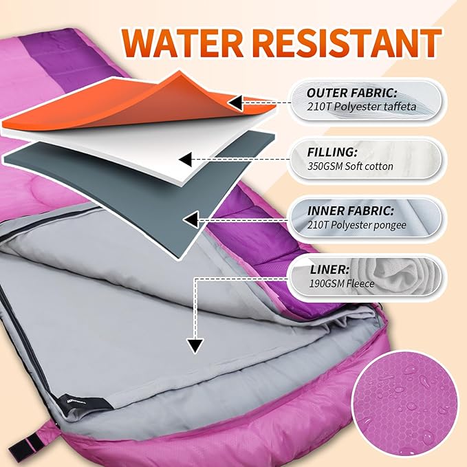 XL 10 Degree Sleeping Bags Waterproof for Adults 350GSM Machine Washable with Compression Sack for 3-4 Season Camping Outdoor