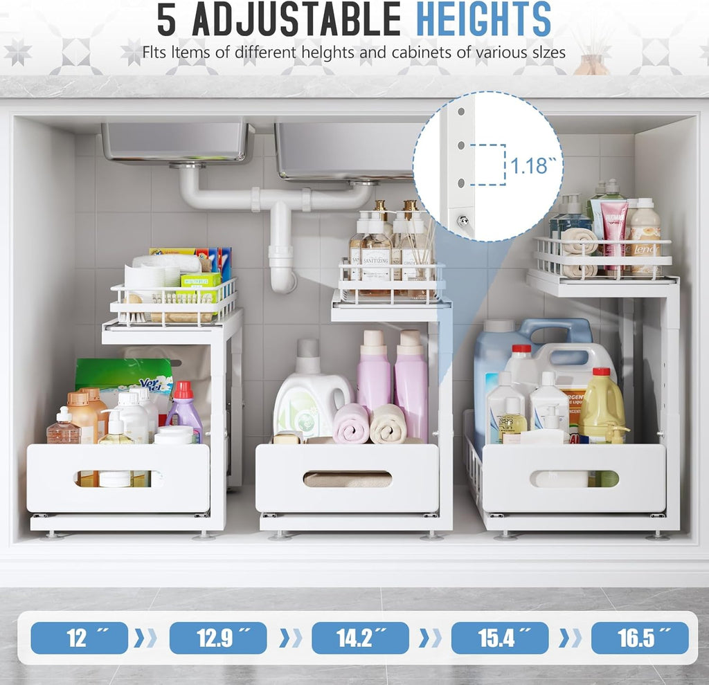 1 Pack Under Sink Organizer Upgrade To Professional Rails,2-Tier Dual Pull Out Cabinet Storage,Height Adjustable Slide Out Drawers For Bathroom Kitchen,Under Sink Shelf-White