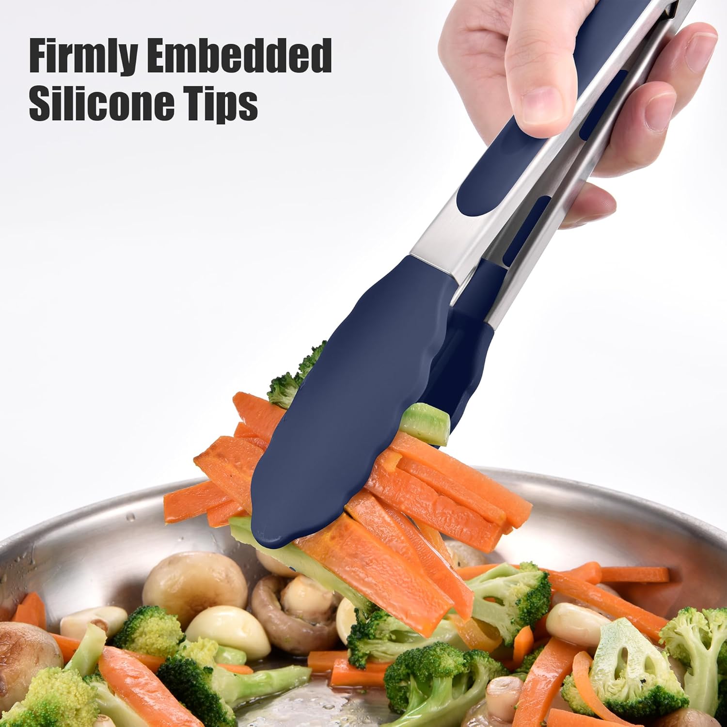 Doosu Kitchen Tongs for Cooking - 600°F Heat Resistant Food Tong Set with Non-Scratch Silicone Tips, Heavy Duty Stainless Steel Locking Tong for BBQ, Grilling Steak, Serving (7+9+12in, Navy Blue)
