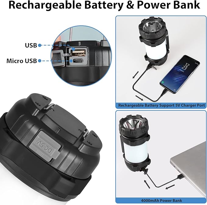 2 Pack Camping Lantern, Outdoor LED Camping Light, Rechargeable Flashlights with 1000LM, 6 Modes, 4000mAh Power Bank, IPX5 Waterproof Portable Emergency Camp Light for Hurricane Survival - Black