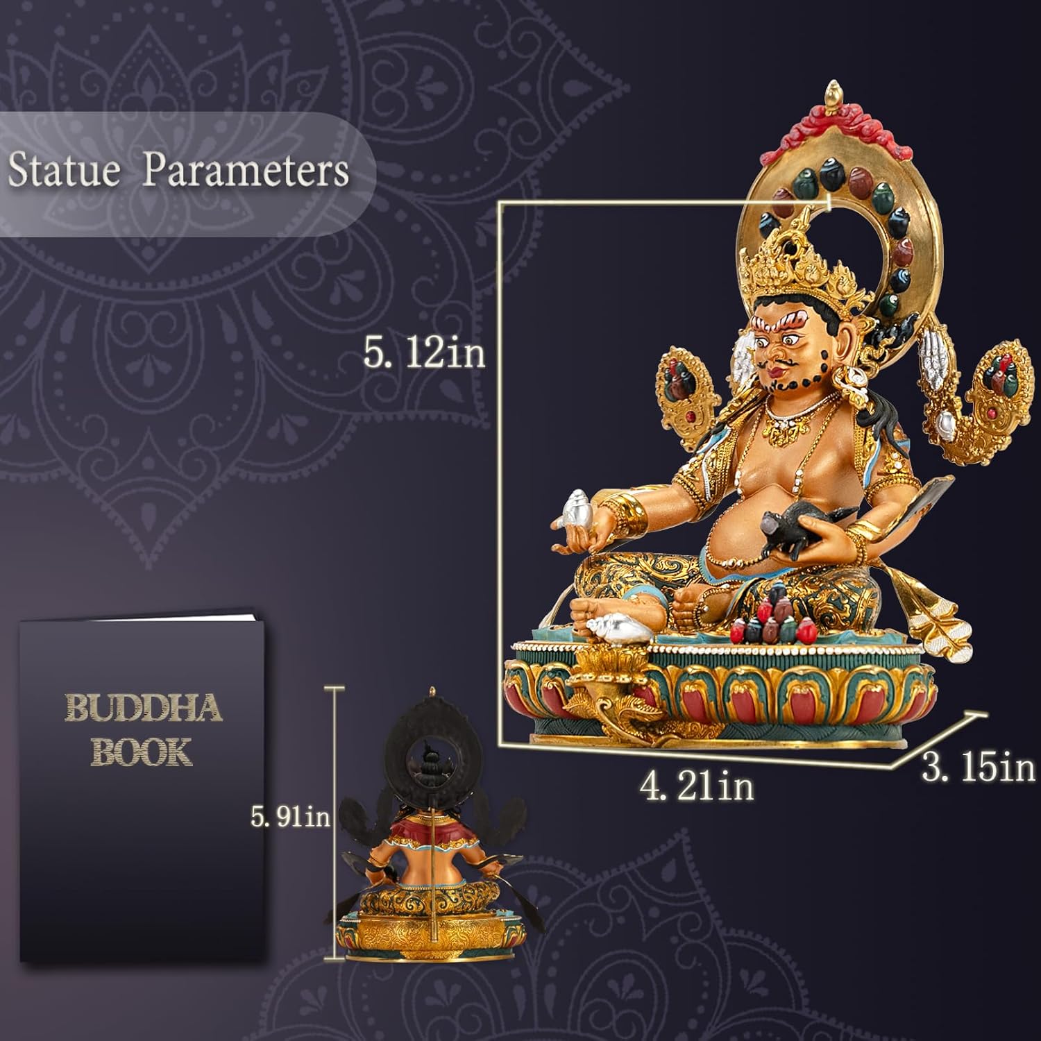 Vajrayana Buddha of Wealth-Yellow Jambhala, Tibetan Buddhism, Artisan Series, Nepalese Craft, Engraving, Painting for Buddhist Altar Zen Meditation,5.11"