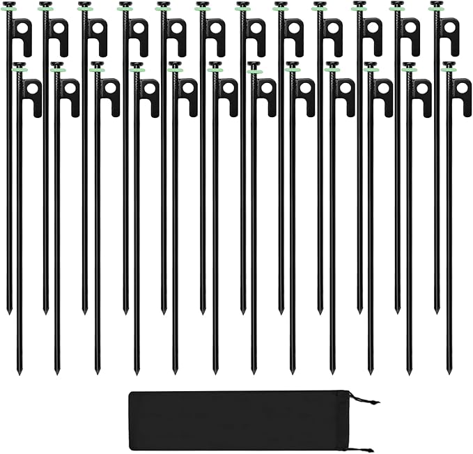 24Pcs Tent Stakes, 16in Heavy Duty Tent Stakes with Storage Pouch, Forged Steel Tent Sakes Metal, Metal Stakes for Tent Used on Grassland, Snowfield, Dessert(24Pcs, 16in, Diameter 1/4")