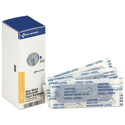 First Aid Only FAE-3110 SmartCompliance Refill Blue Metal Detectable 1 x 3 Inch Foam Bandages, First Aid Kit Refill Supplies for Business, Food Service, Restaurants, Worksites, and Home, 25 Count