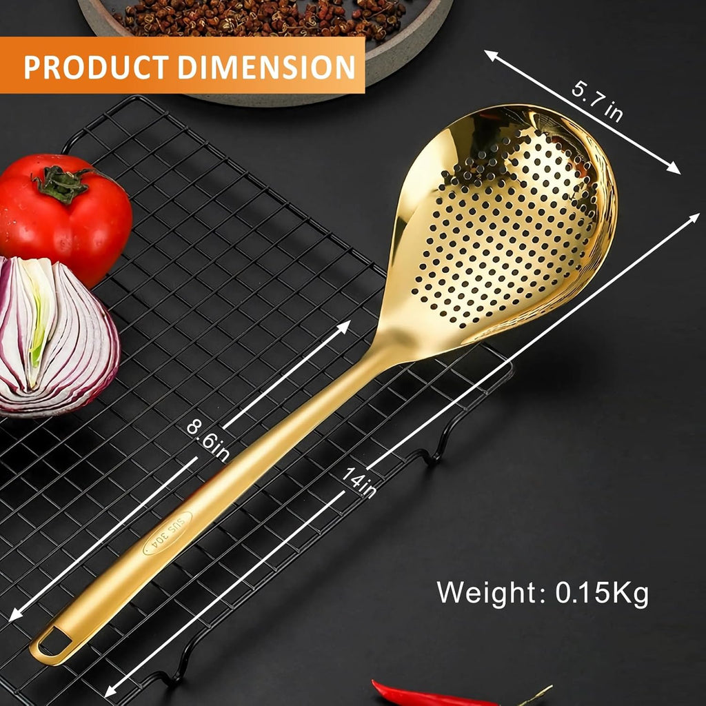 Large Gold Serving Slotted Spoon, 304 Stainless Steel Set, Stainless Steel Soup Ladle Spoon, Metal Gravy Ladle, Solid Slotted Spoon for Mixing, Serving, Stirring, Salad, Soup, 14 Inch