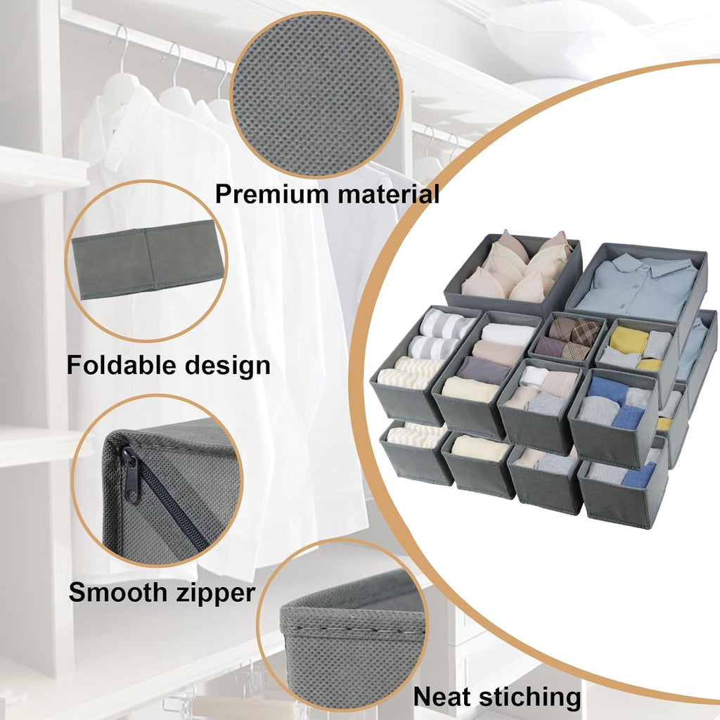 16 Pcs Drawer Organizer,Fabric Closet Organizer and Storage Baskets,Foldable Drawer Divider for Clothing,Sock,Ties,Underwear Drawer Organizers,Cabinet Storage Boxes (Gray)