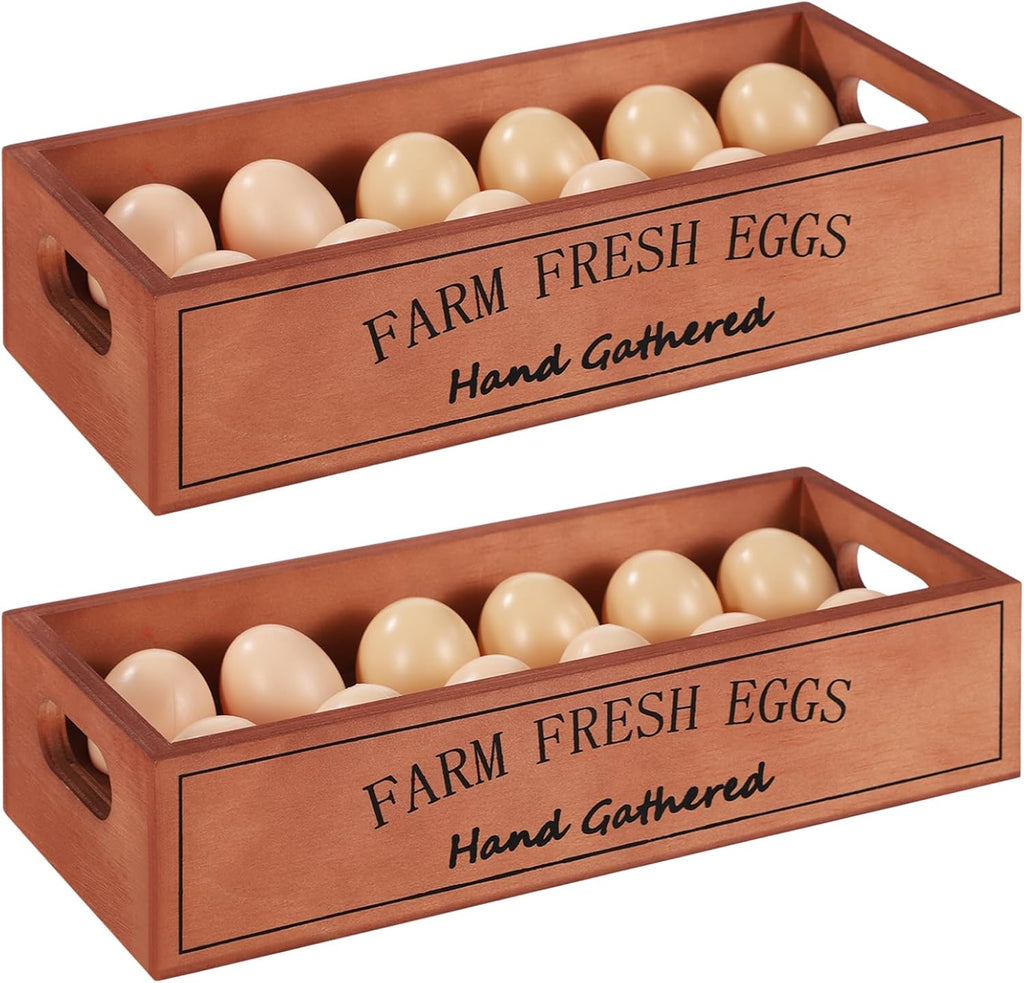 2 PCS Wooden Egg Holders, Farm Fresh Egg Baskets, Open Design with Handle, Holds 12 Eggs per Compartment, Ideal for Kitchen Countertop, Simple and Quality Storage Solution