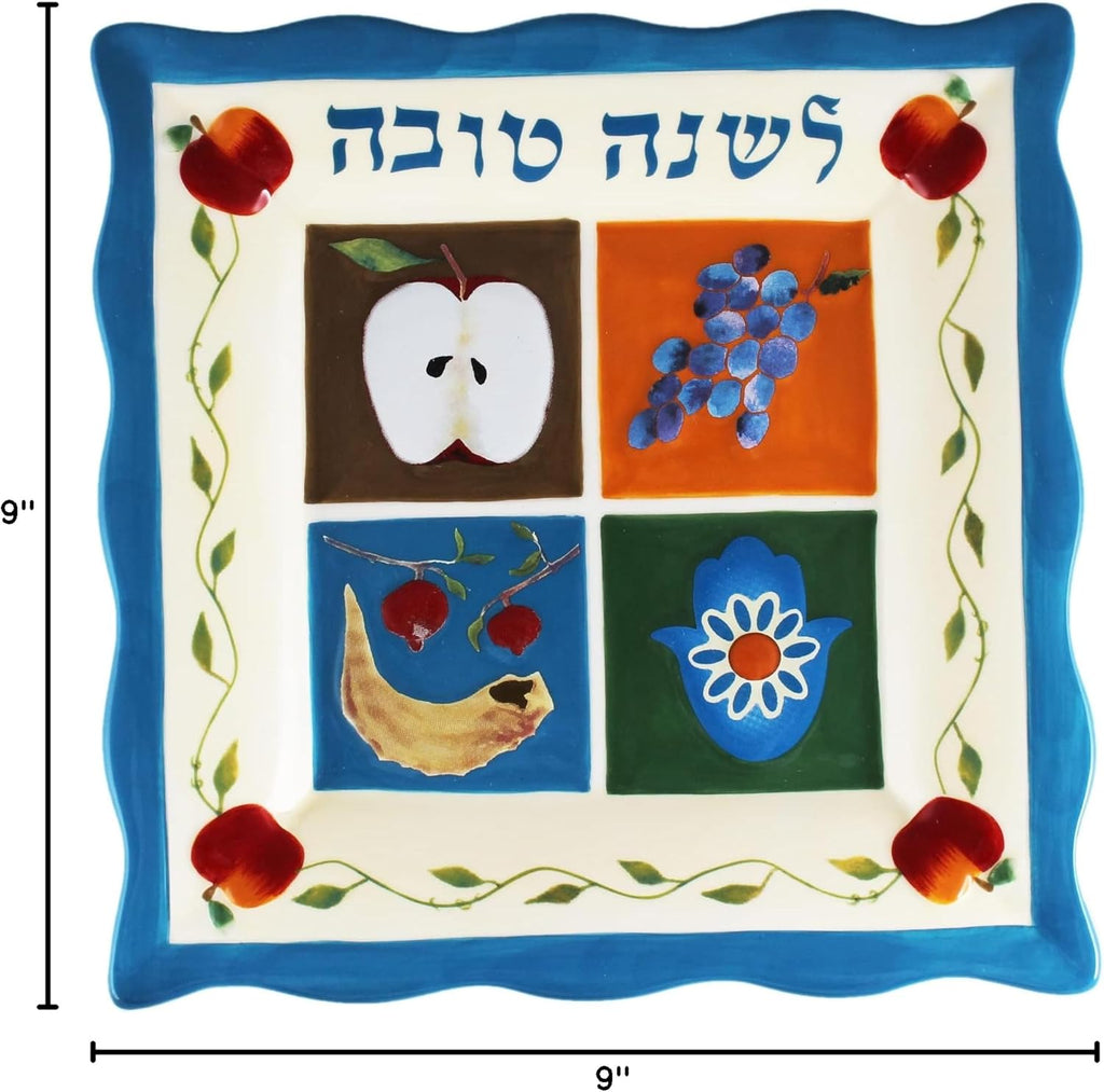 Rosh Hashanah Honey Dish Set Decorative Ceramic Plate Painted Judaic Theme Shana Tovah with Honey Bowl Jar, Wooden Dipper Rosh Hashunah Platter Jewish New Year Gift by Jessica Sporn