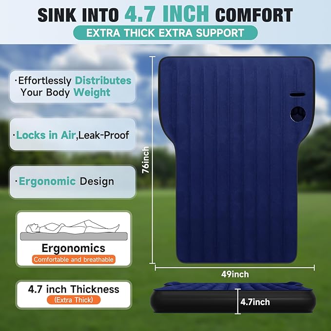Model Y Mattress for Tesla: Inflatable SUV Mattress for Portable Camping Mattress Foldable Air Mattress with Air Pump and Storage Bag for Tesla Model Y and SUV Travel, Navy