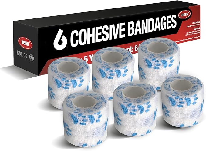 Risen Self Adhesive Bandage Wrap 6 Pack,2”x 5 Yards Medical Tape for Christmas Gifts,Gauze Rolls First Aid Vet Wrap Adherent Bandages for Sports,Dogs Pet (White Paw)